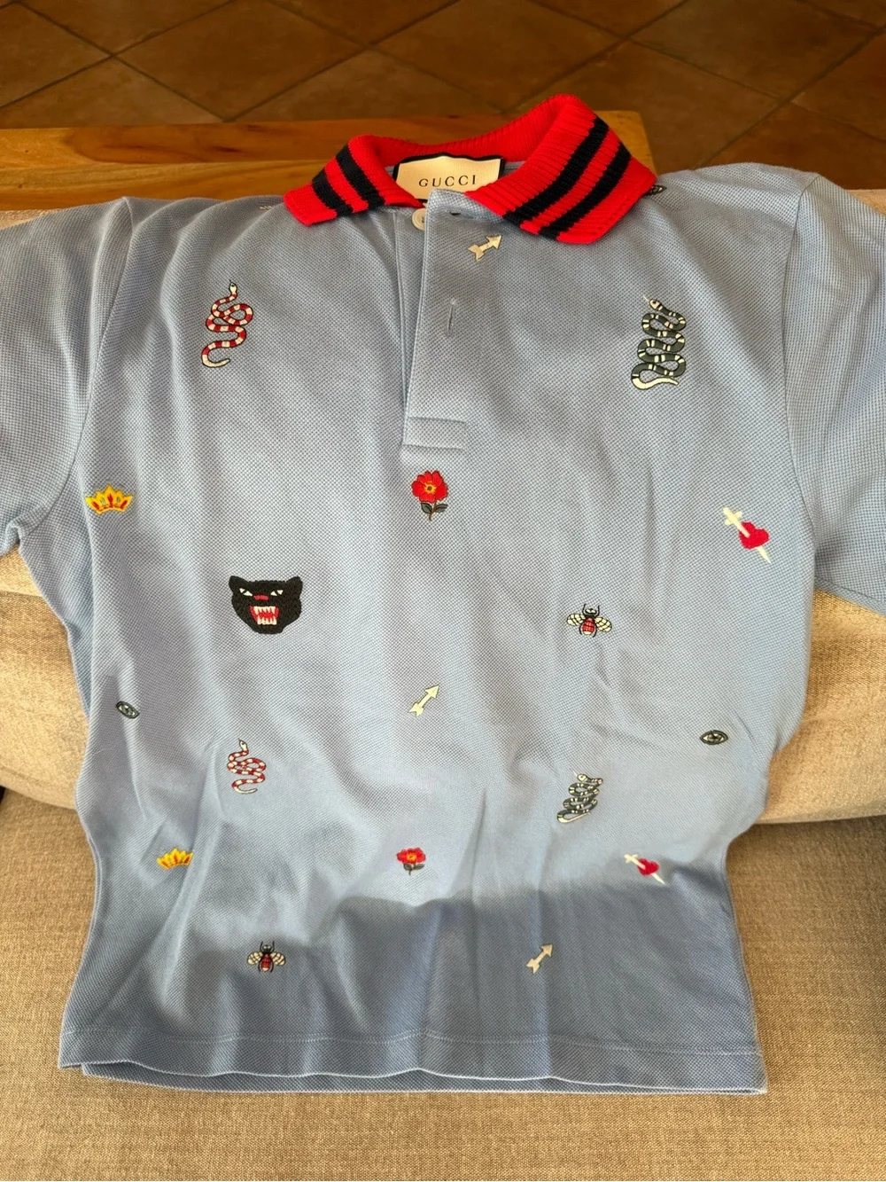 Gucci Light Blue Embroidered Crewneck Polo with Red-Black Striped Collar